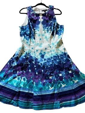 Maggy London Teal, Blue & Purple Floral Fit-and-Flare Midi Dress